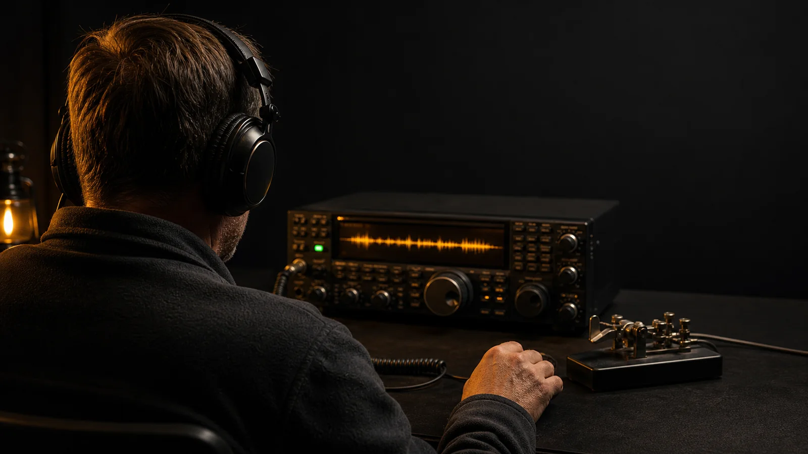 Amateur radio operator wearing headphones and copying Morse code by ear at a CW station