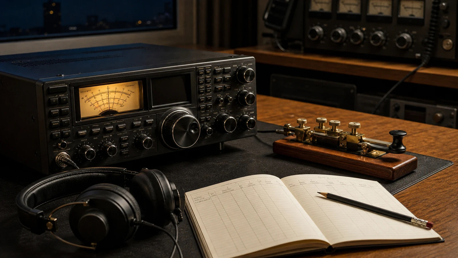 HF transceiver signal meter, straight key, headphones and open logbook prepared for a CW RST exchange
