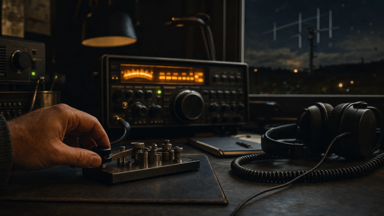 Amateur radio operator using a straight key to call CQ from a home CW station at night