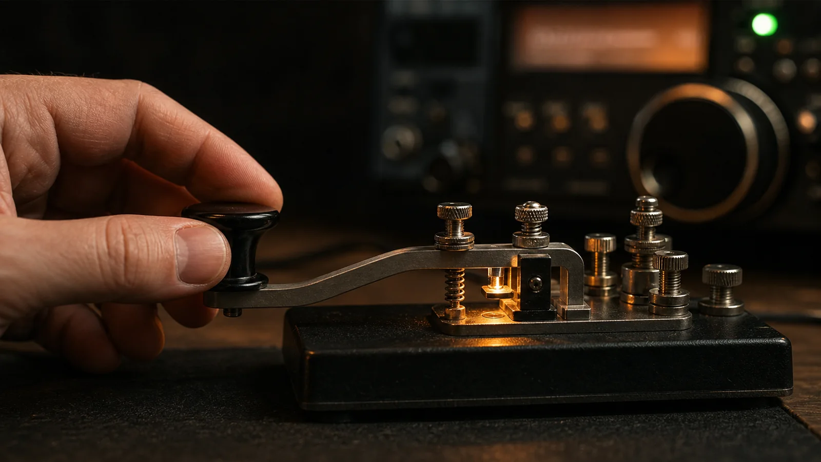 Close view of an operator using a traditional straight Morse key for CW timing practice