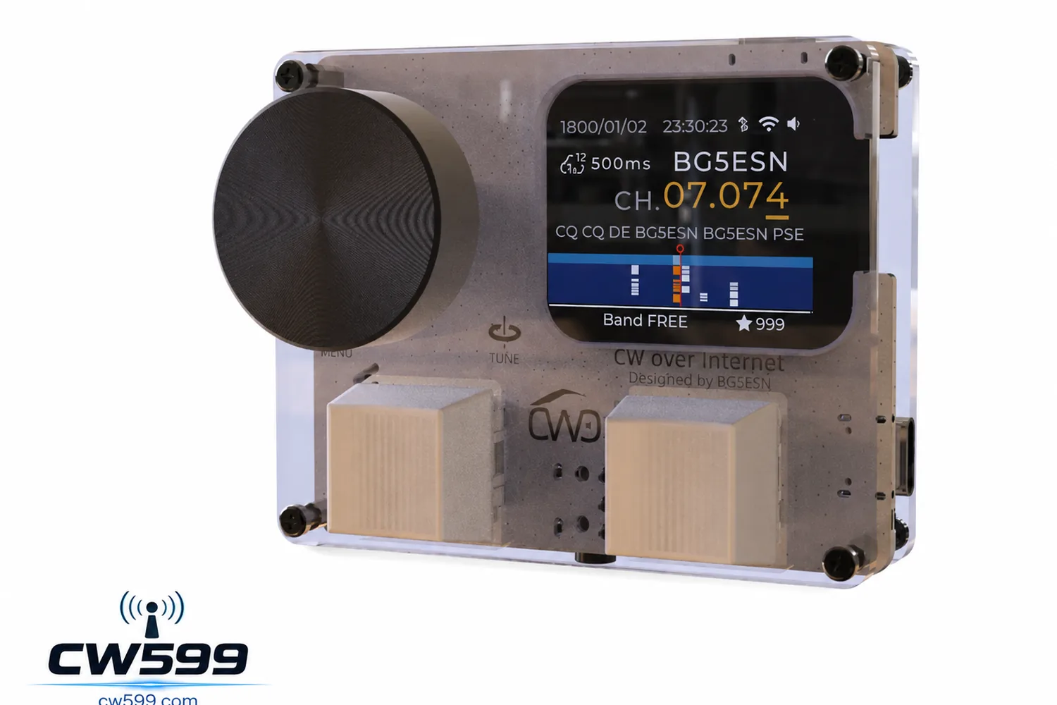 A CWO CW over Internet device with a virtual-frequency display, speaker, and CW controls