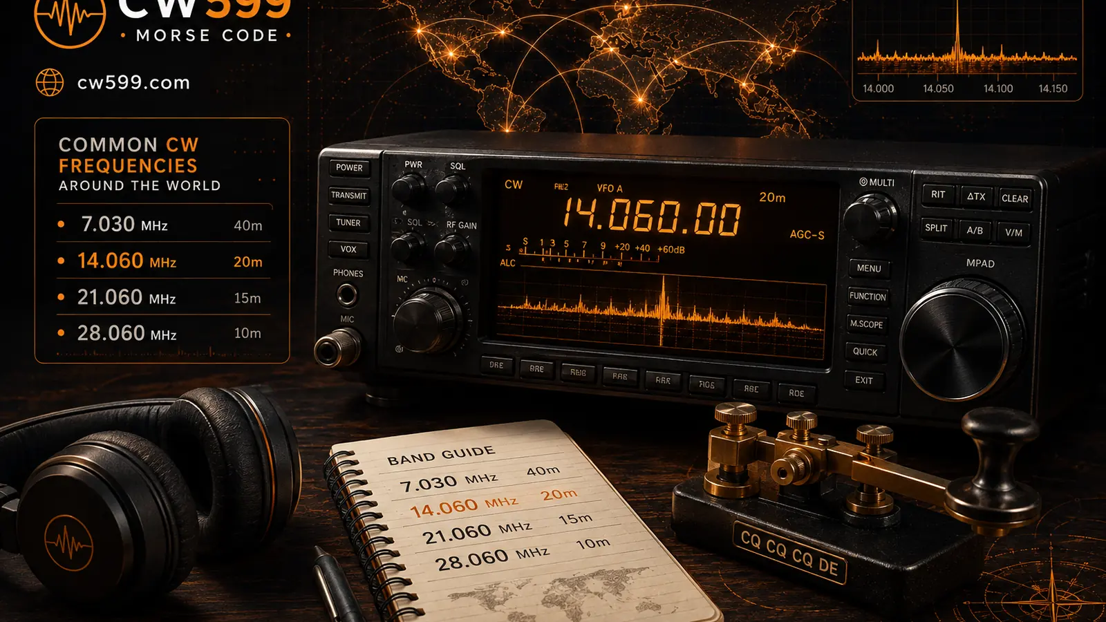 An amateur transceiver, straight key, headphones, and a frequency guide showing common CW activity centers around the world
